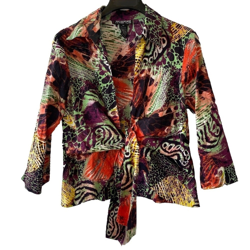 Mishca Wrap blouse Womens Petite L Colorful Abstract Tie Front Top Peplum